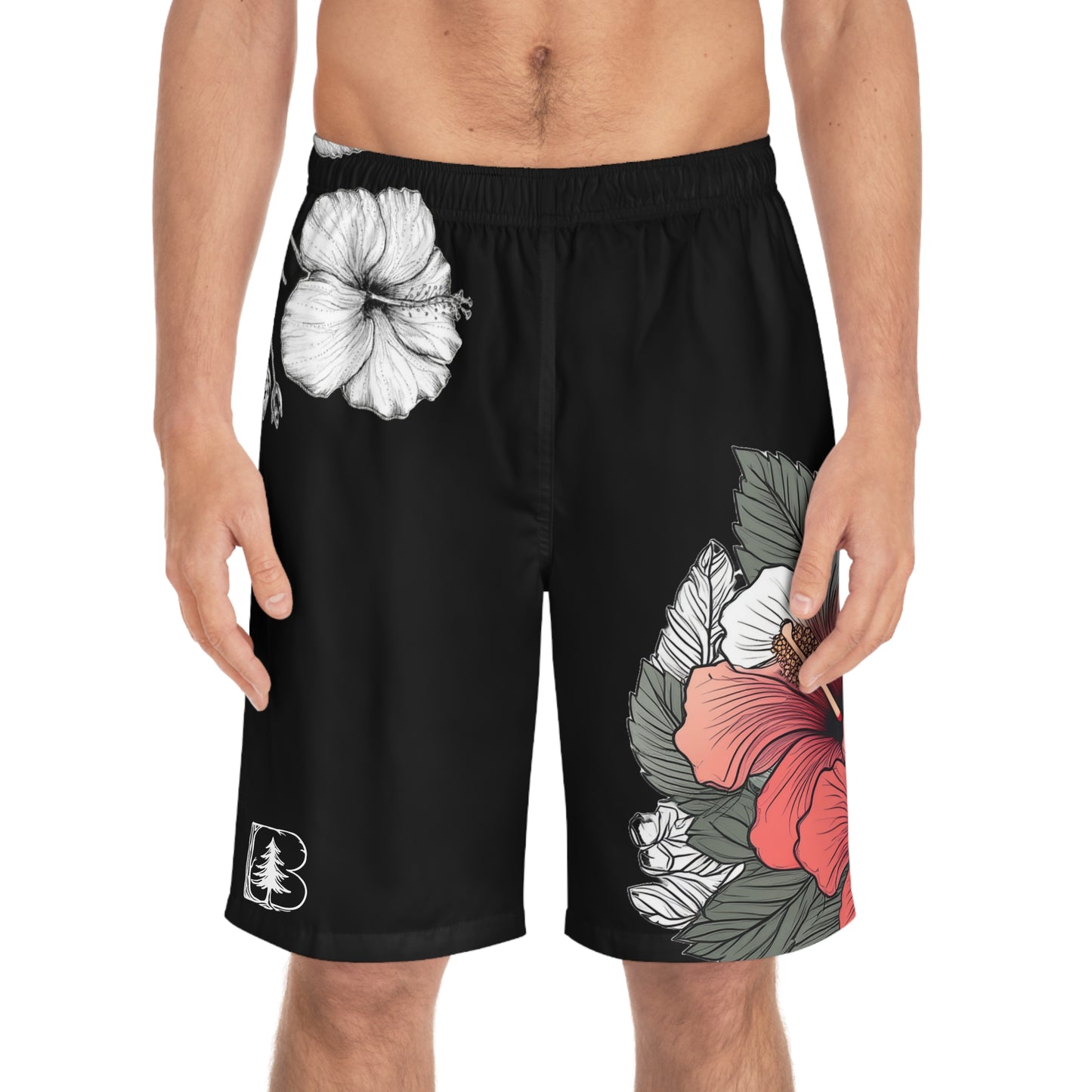 Men's Board Shorts, Garden Hibiscus Red