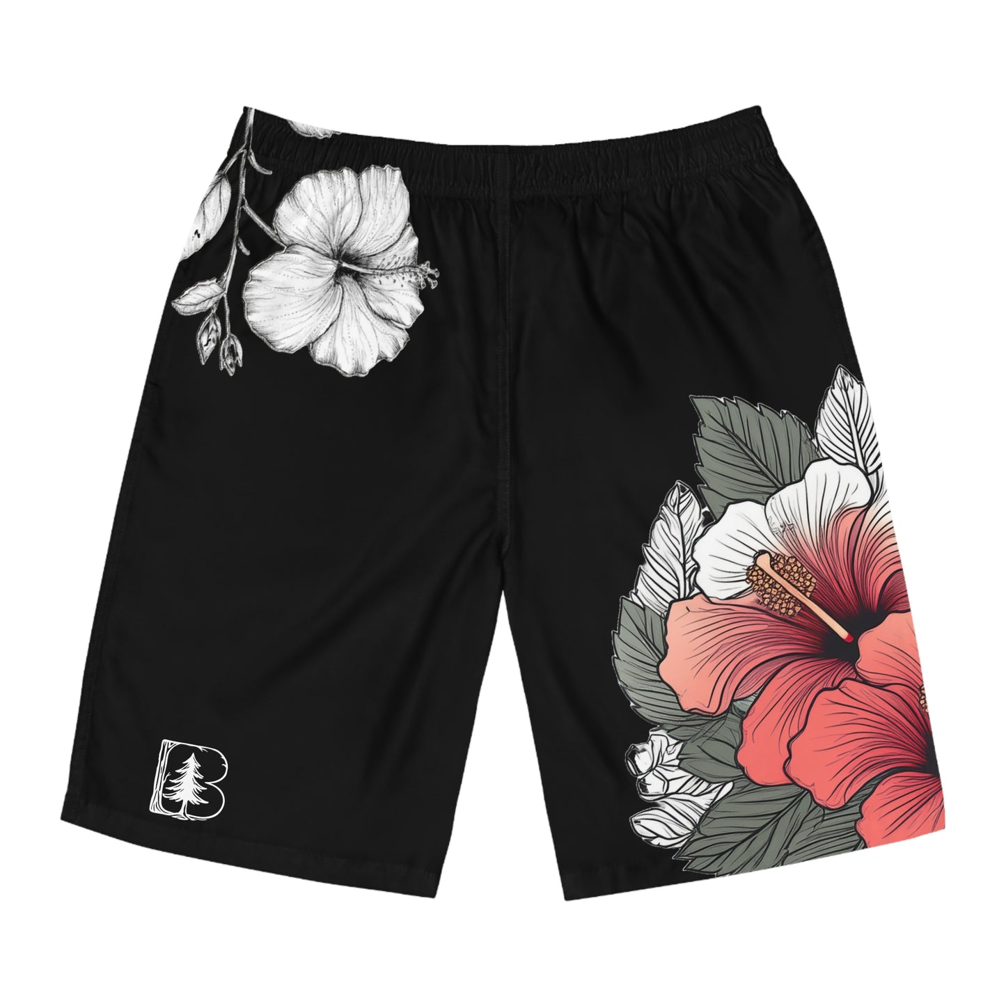 Men's Board Shorts, Garden Hibiscus Red