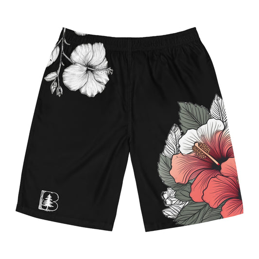 Men's Board Shorts, Garden Hibiscus Red